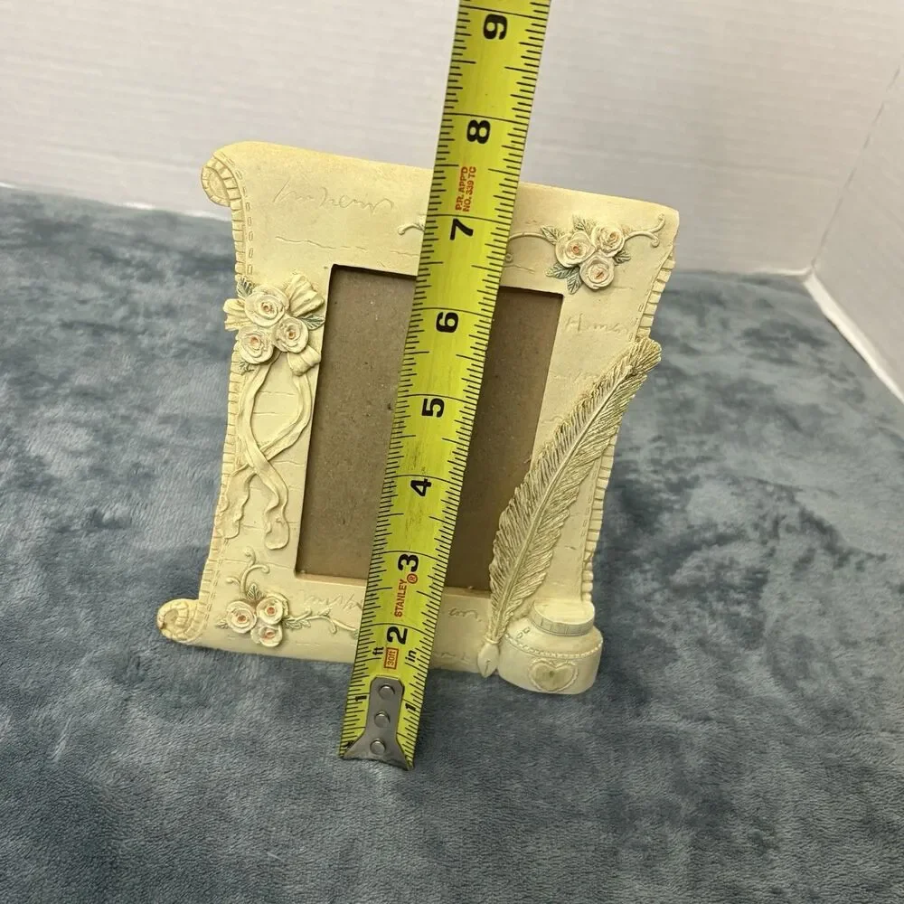 Cream Resin 3D Photo Frame of Inkwell Feather and Roses - 4.25